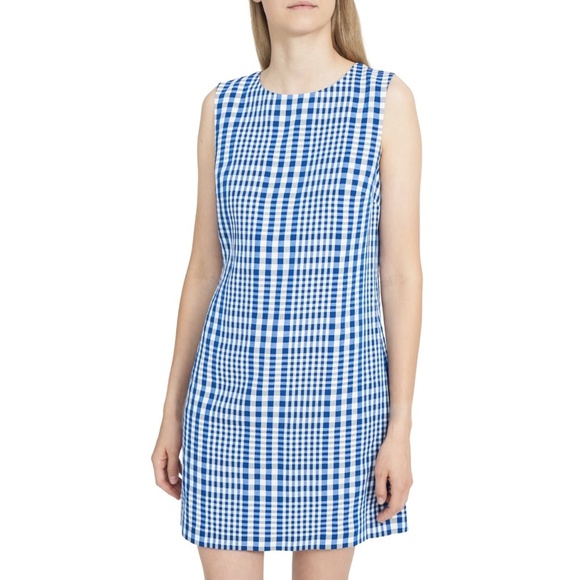 NEW Theory Easy Crewneck Shift Dress in Plaid Linen Blend Sz. 0 - Picture 1 of 3